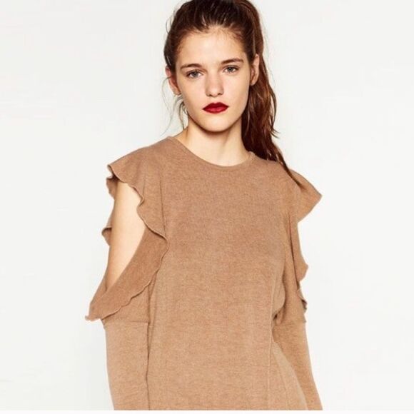 ✨HP✨Zara Camel Ruffle Open Shoulder Sweater✨ - Picture 4 of 8
